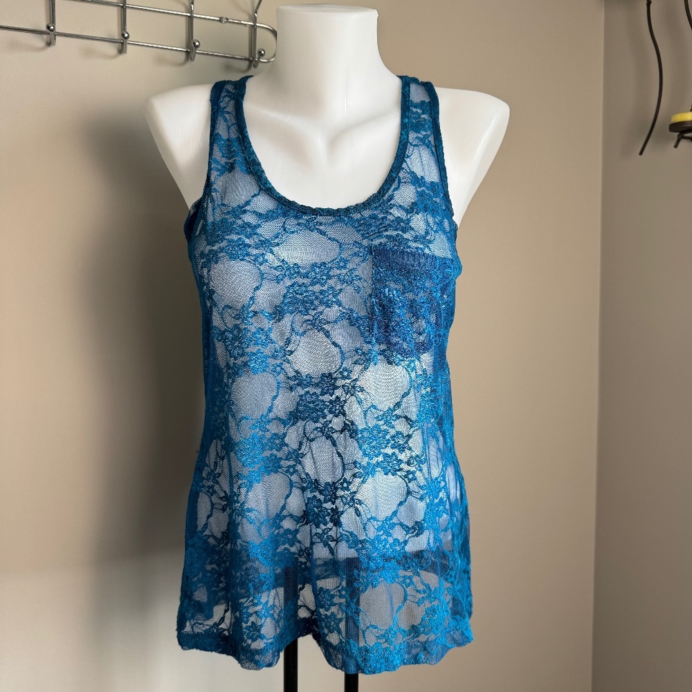 Women's Sheer Lace Cami Tank Top Blue Size M Layering Festival Fairy Whimsy